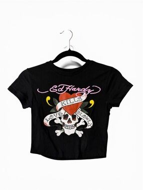Ed Hardy Love Kills Slowly Baby Tee Shirt Women XS Black Skull Heart Logo Crop